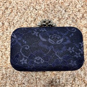 Elegant Jewel Topper Navy Lace Clutch